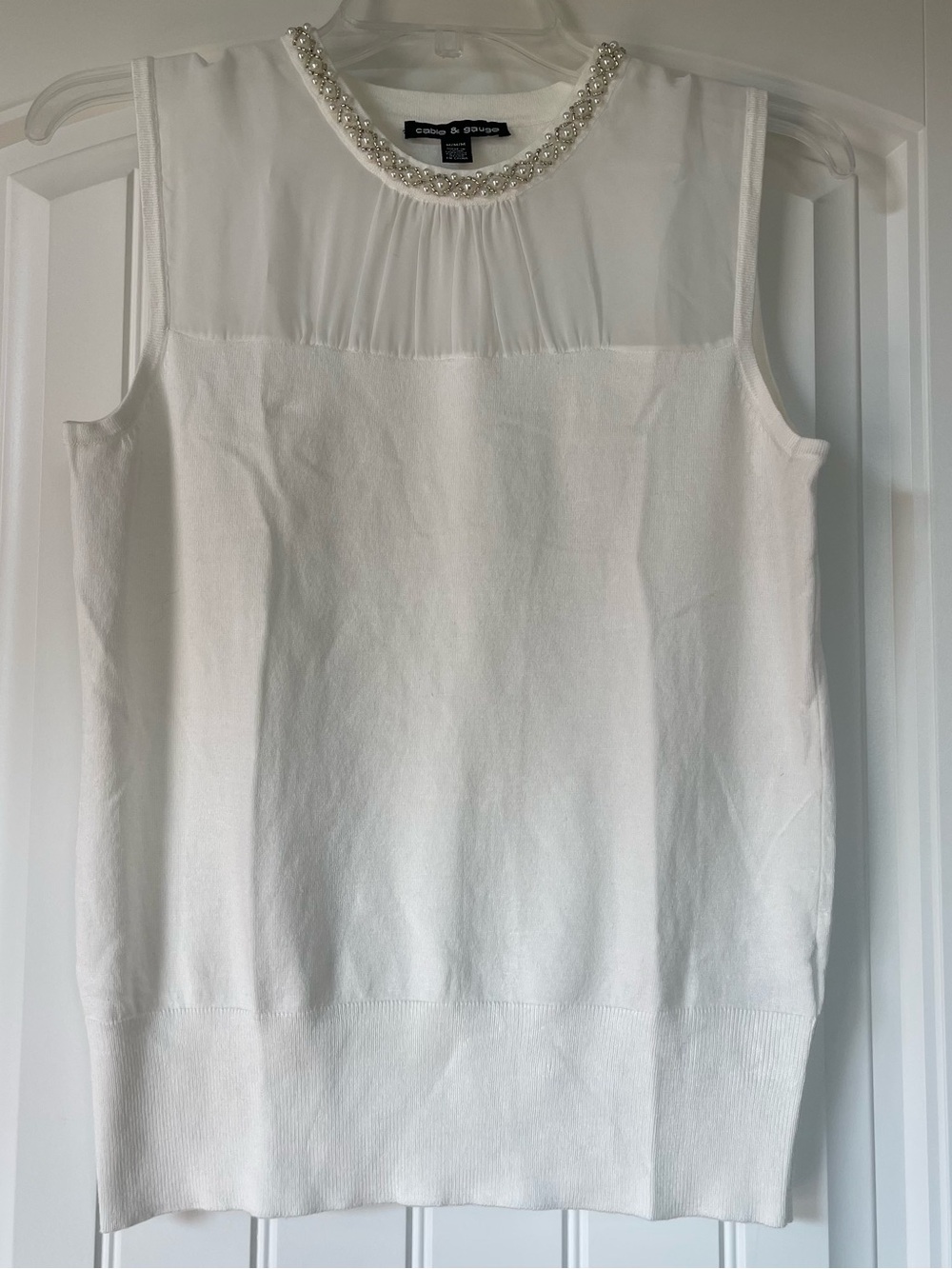 Cable & Gauge White Sleeveless Tank with Beaded Neckline